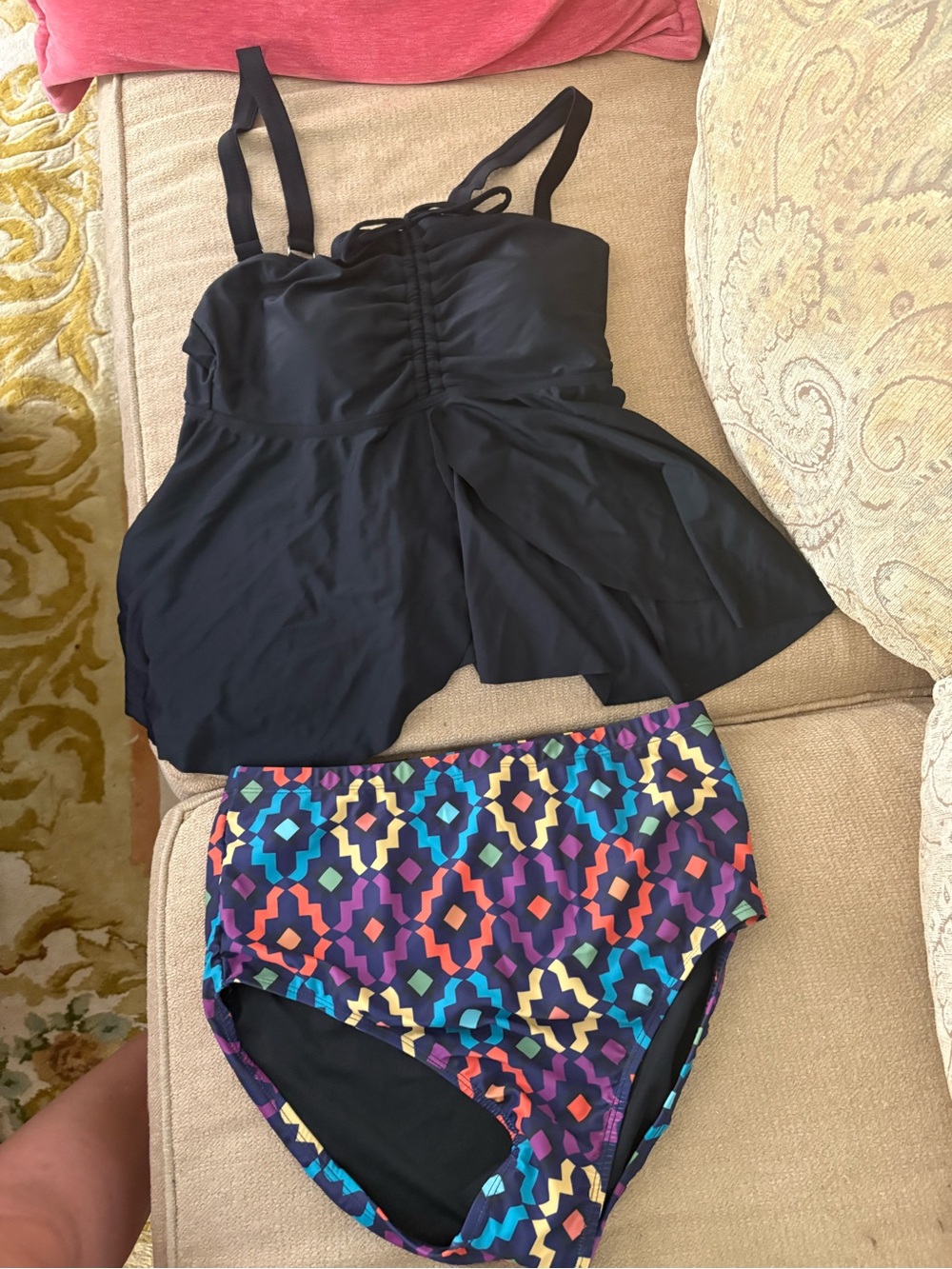 BloomChic Black Tankini Top with Multicolor Geo High-Waist Bottoms